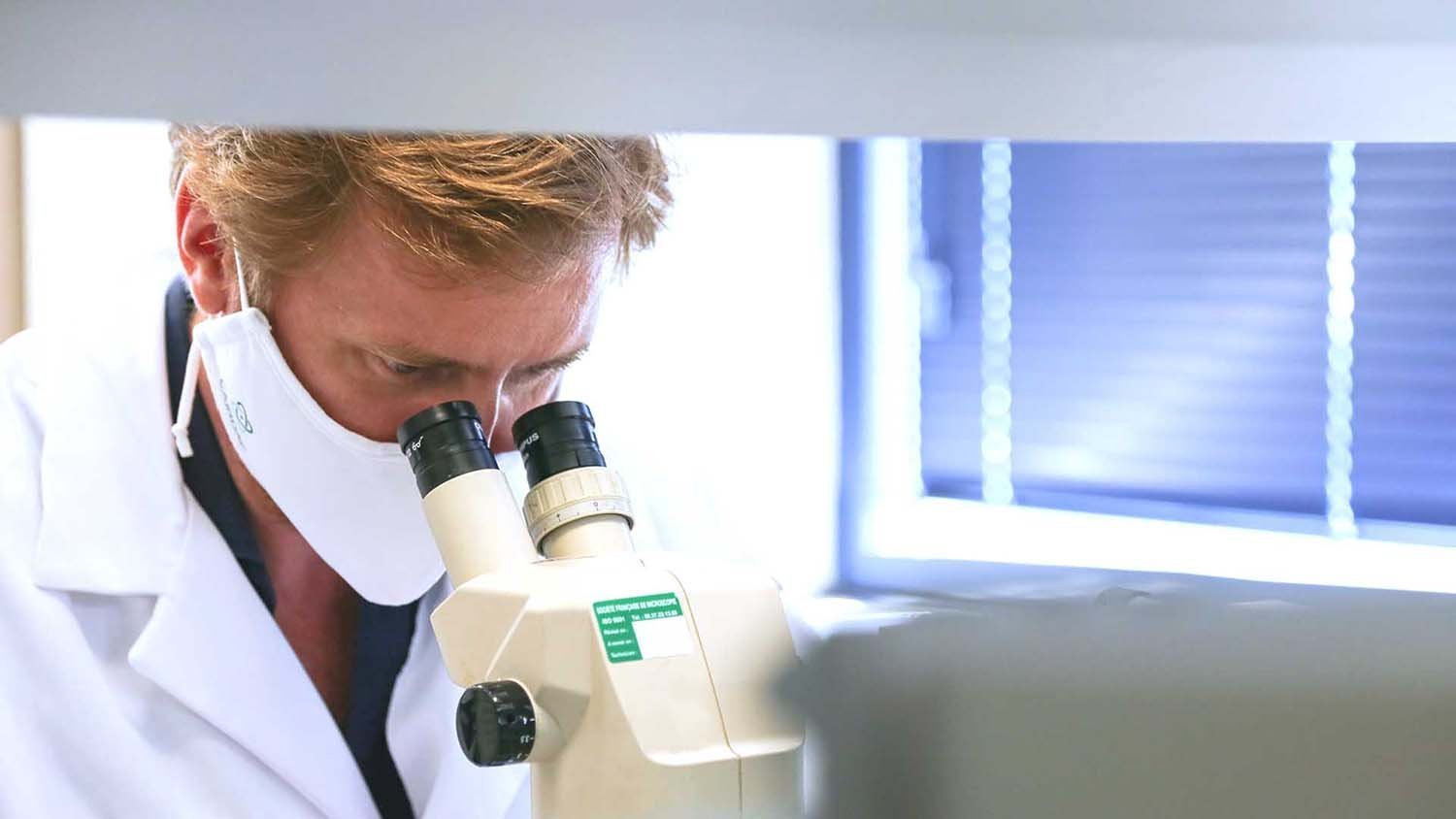 Laboratory men Laboratory men looking in a microscope